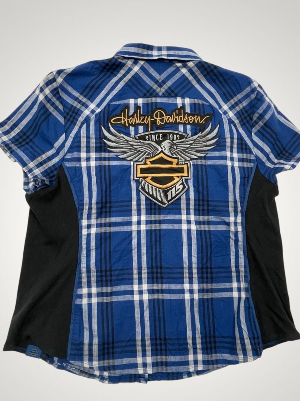 Harley-Davidson Stretch Blue Plaid 115th Anni Eagle Button Shirt Top Women's 2XL
